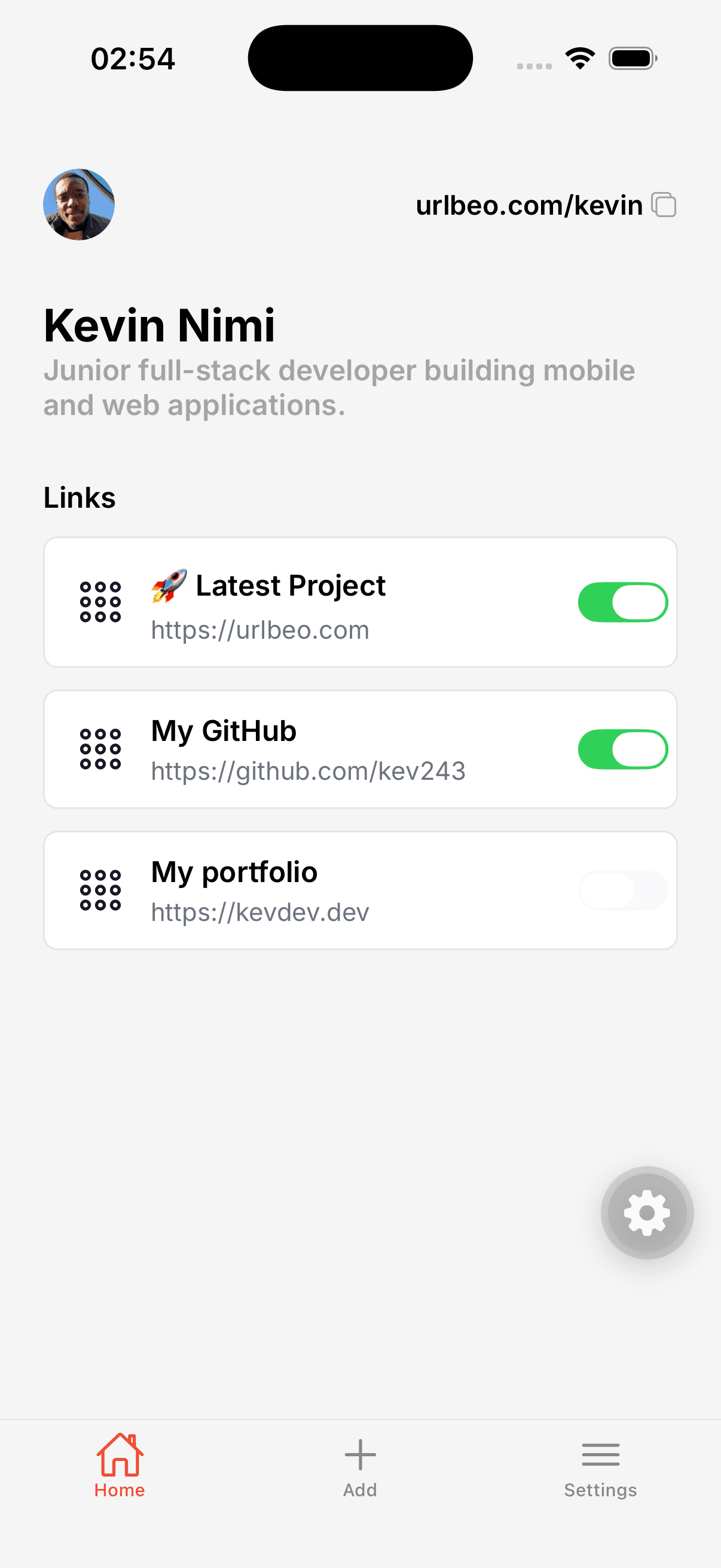 Urlbeo mobile app showing a user profile and link management